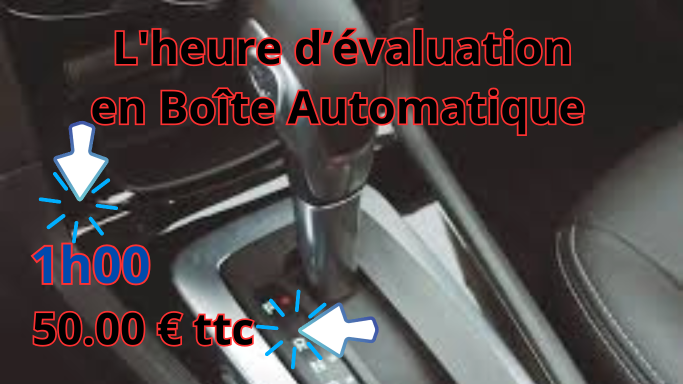 Détail d'un levier de vitesse automatique avec des informations de prix et d'heure.